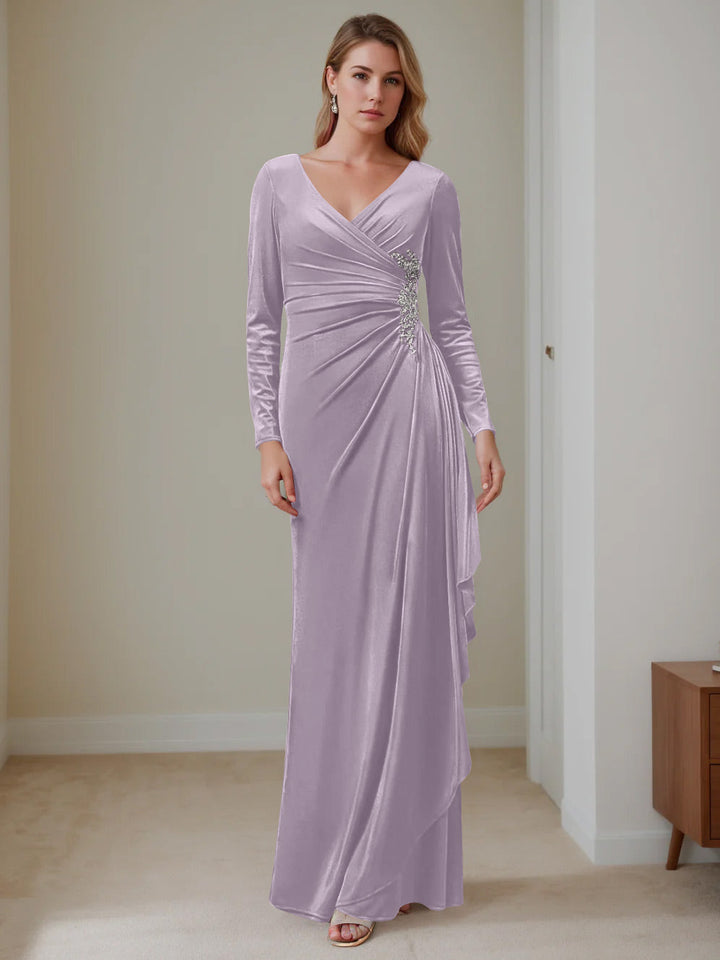 Robe de Mère de la Mariée en Velours à Volants, Coupe A-Line/Princess, Col en V, Manches Longues, Longueur Au Sol