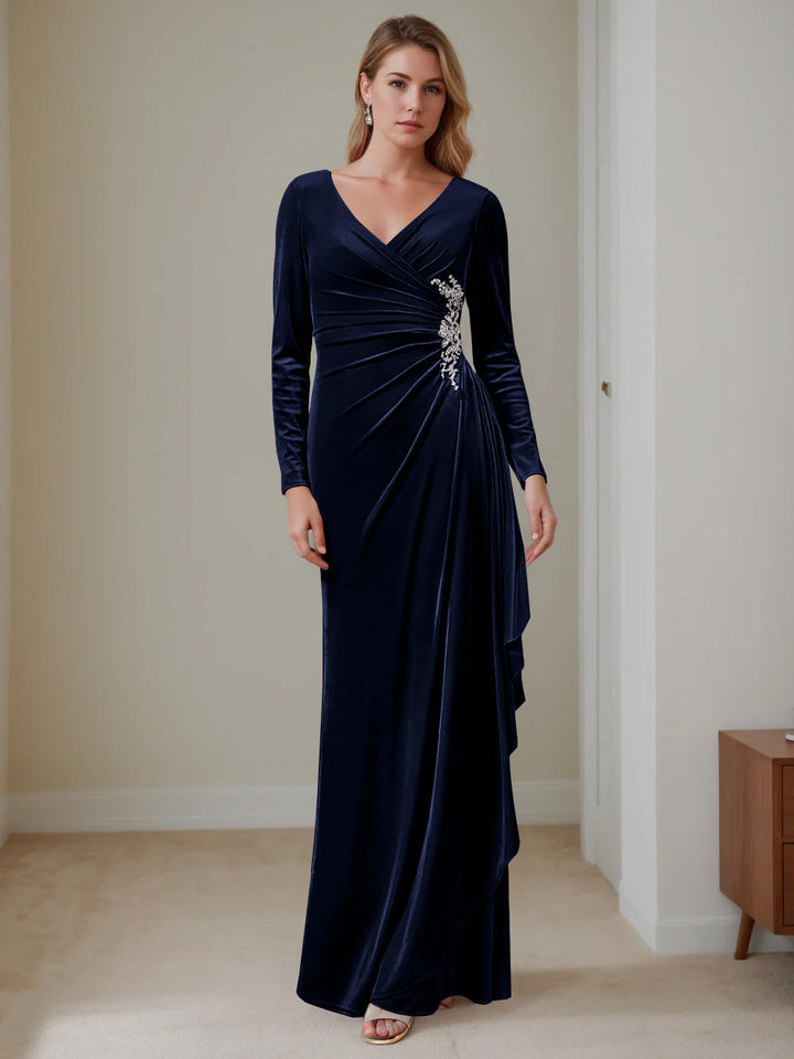 Robe de Mère de la Mariée en Velours à Volants, Coupe A-Line/Princess, Col en V, Manches Longues, Longueur Au Sol
