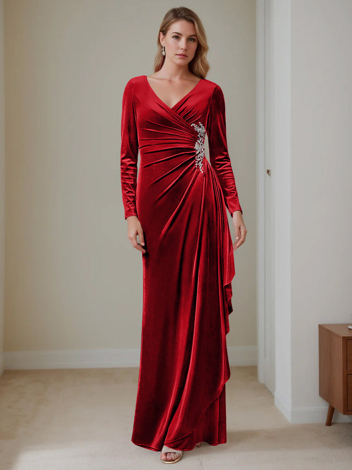 Robe de Mère de la Mariée en Velours à Volants, Coupe A-Line/Princess, Col en V, Manches Longues, Longueur Au Sol