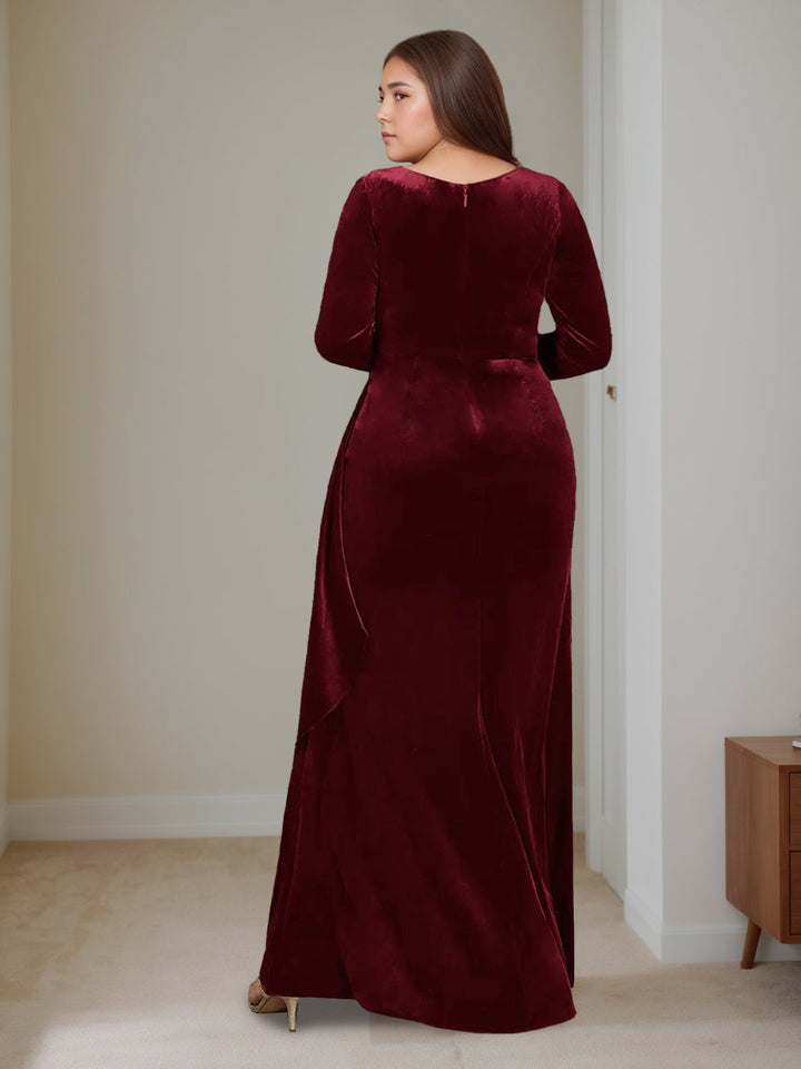 Robe de Mère de la Mariée en Velours à Volants, Coupe A-Line/Princess, Col en V, Manches Longues, Longueur Au Sol