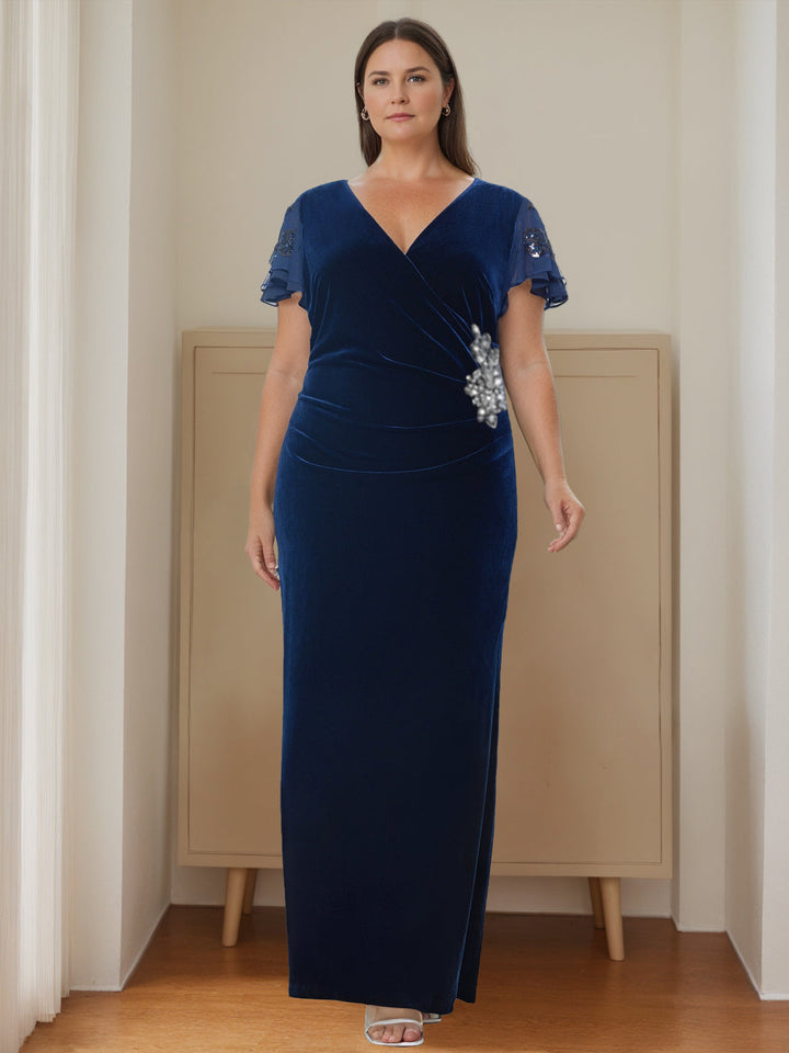 Robe de Mère de la Mariée Grande Taille en Velours à Col en V et Manches Courtes, Longueur Au Sol, avec Volants et Appliques