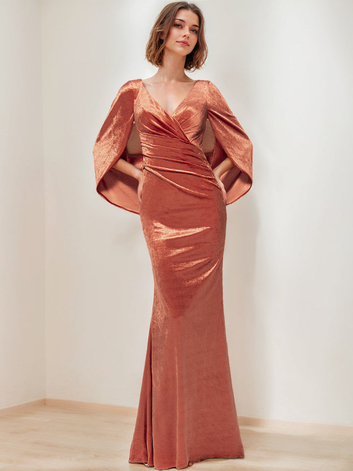 Robe de Mère de la Mariée en Velours à Manches Mi-Longues et Col en V avec Volants