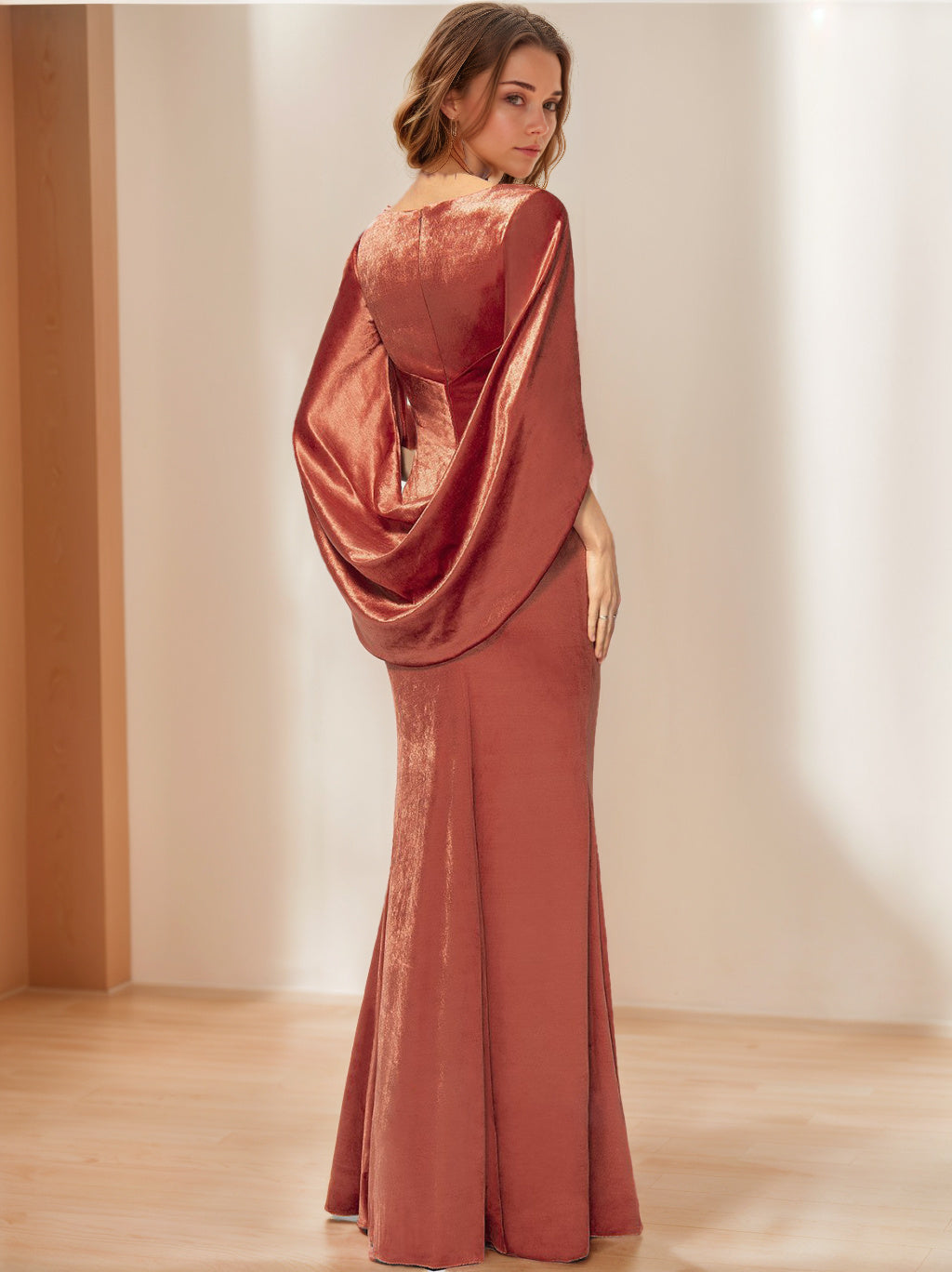 Robe de Mère de la Mariée en Velours à Manches Mi-Longues et Col en V avec Volants