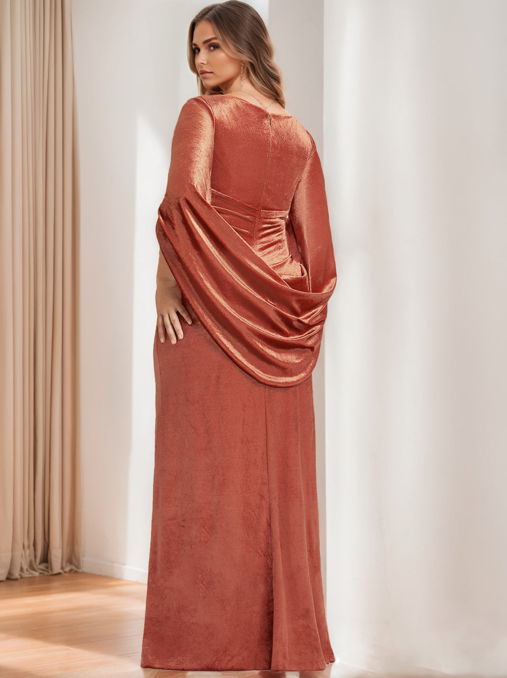 Robe de Mère de la Mariée en Velours à Manches Mi-Longues et Col en V avec Volants