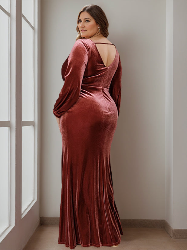 Robe de Mère de la Mariée en Velours à Volants, Coupe A-Line/Princess, Col en V, Manches Longues, Longueur Au Sol