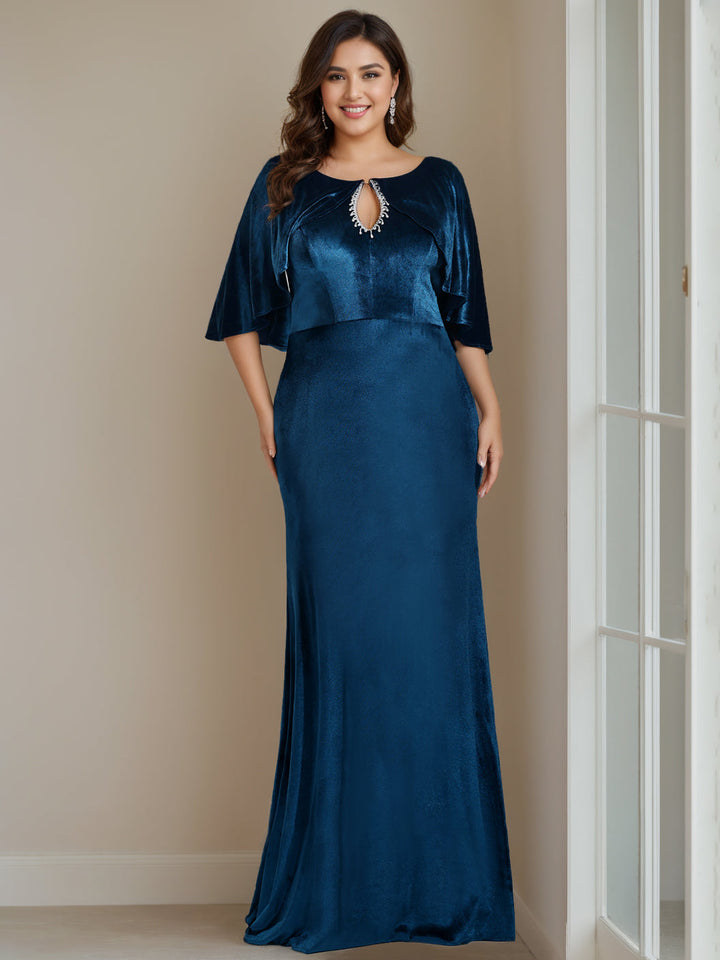 Robe de Mère de la Mariée en Velours Grande Taille, Col Rond, Manches Mi-Longues, Longueur Au Sol, avec Perles, Appliques et Paillettes