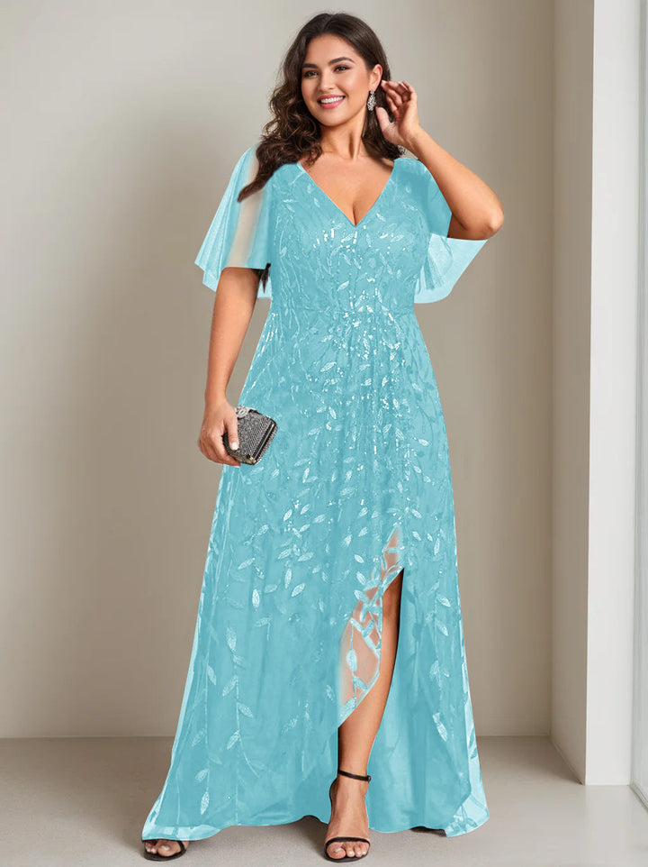 Robe de Mère de la Mariée Asymétrique Grande Taille à Col en V et Manches Courtes, Coupe A-Line/Princess, avec Paillettes