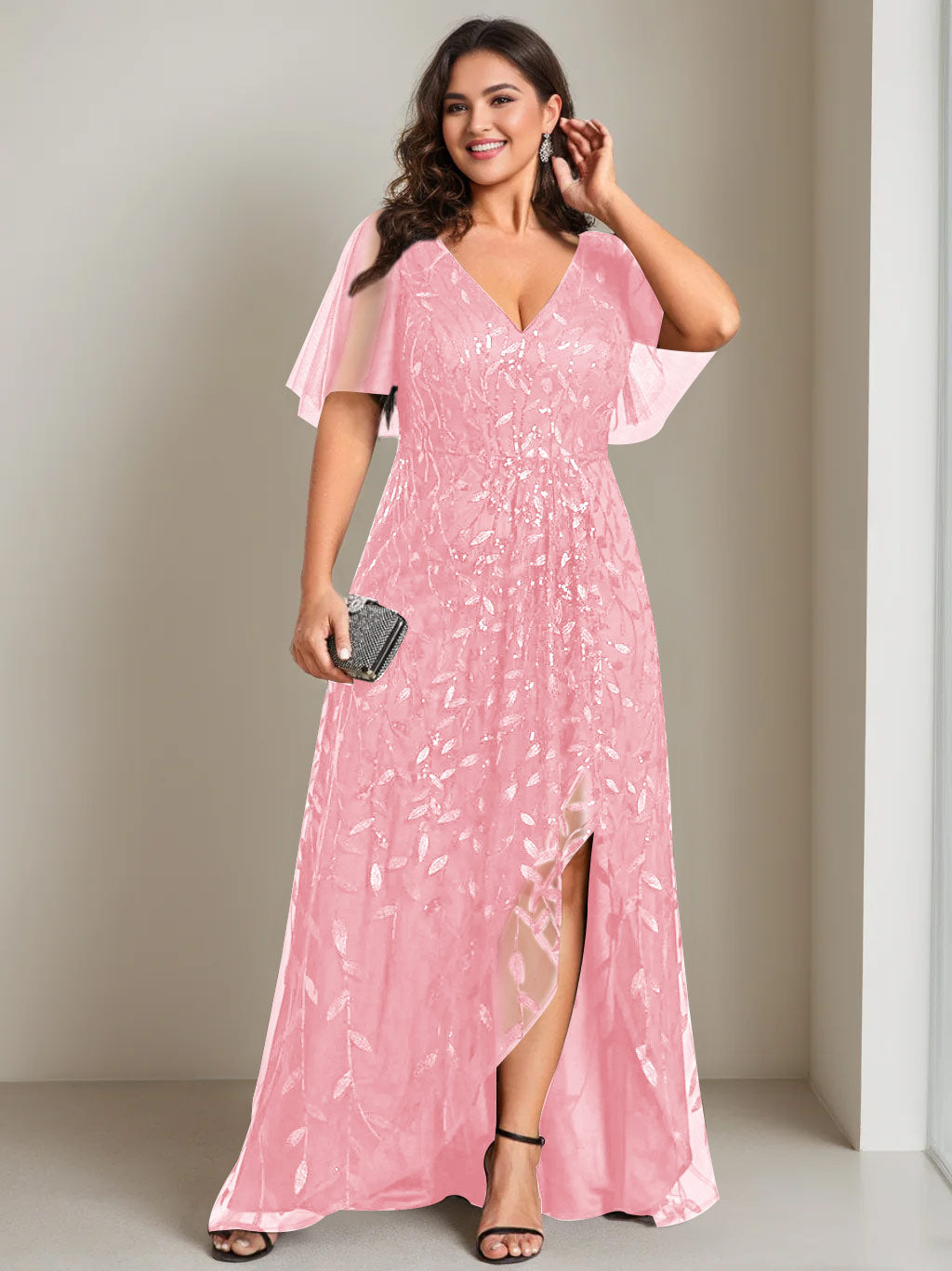 Robe de Mère de la Mariée Asymétrique Grande Taille à Col en V et Manches Courtes, Coupe A-Line/Princess, avec Paillettes