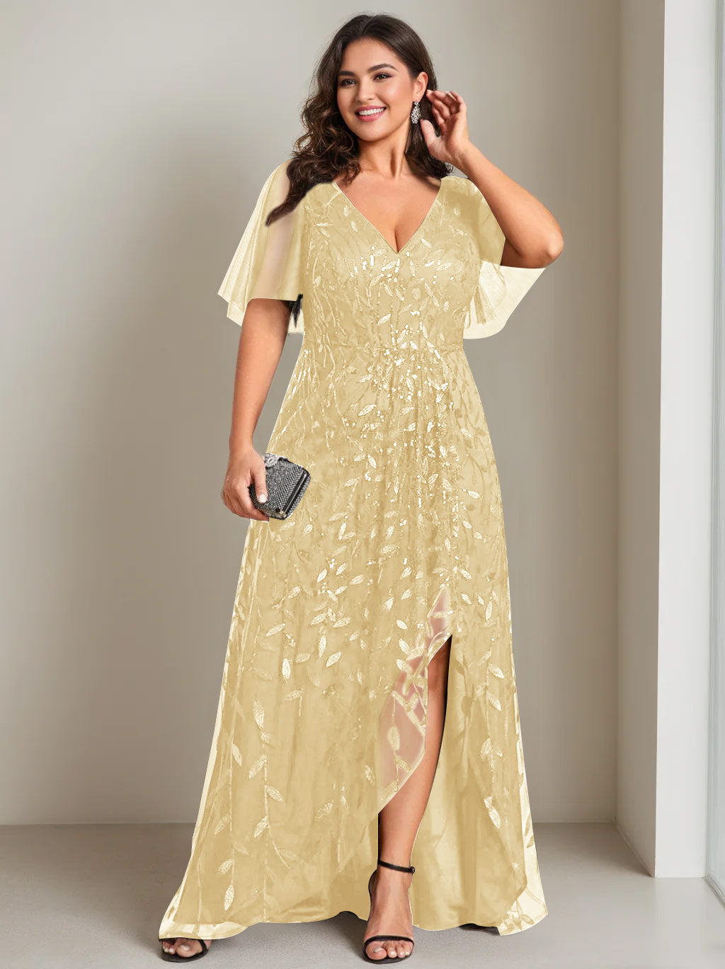 Robe de Mère de la Mariée Asymétrique Grande Taille à Col en V et Manches Courtes, Coupe A-Line/Princess, avec Paillettes