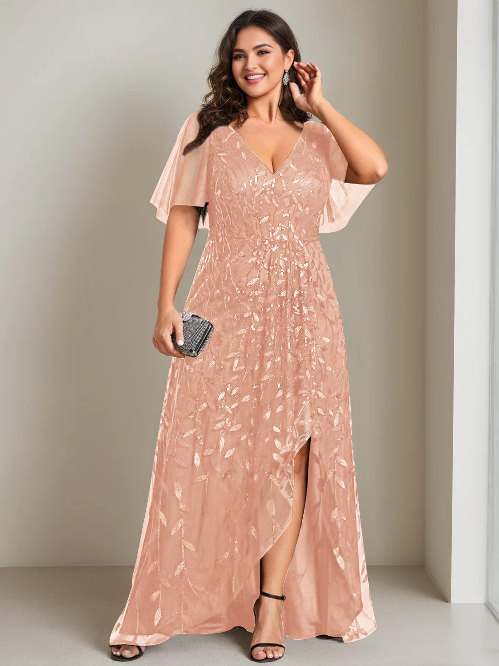 Robe de Mère de la Mariée Asymétrique Grande Taille à Col en V et Manches Courtes, Coupe A-Line/Princess, avec Paillettes