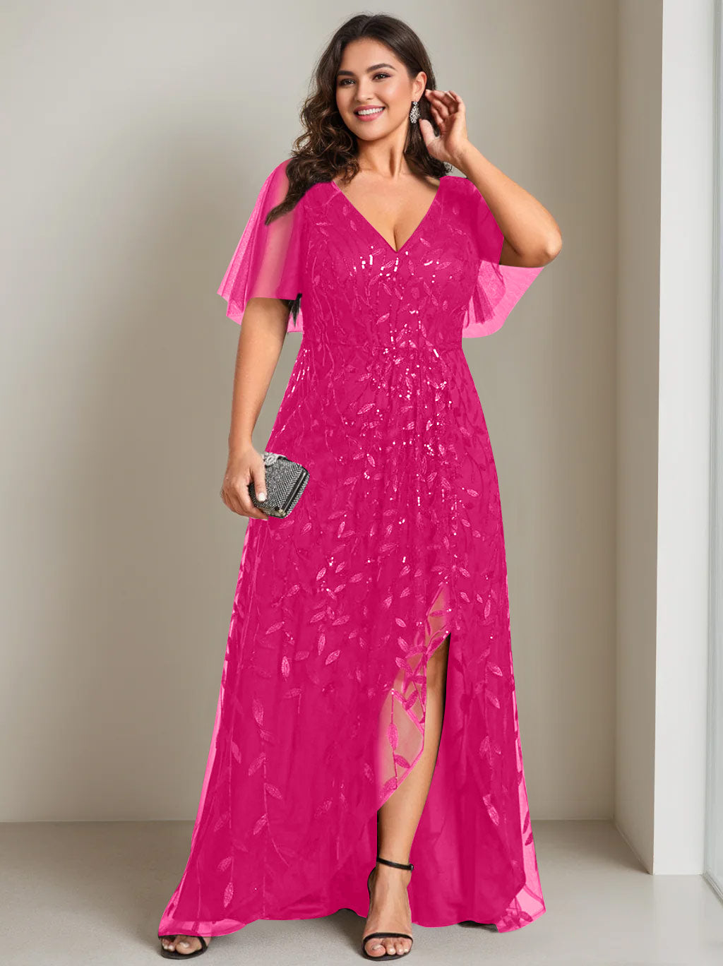Robe de Mère de la Mariée Asymétrique Grande Taille à Col en V et Manches Courtes, Coupe A-Line/Princess, avec Paillettes