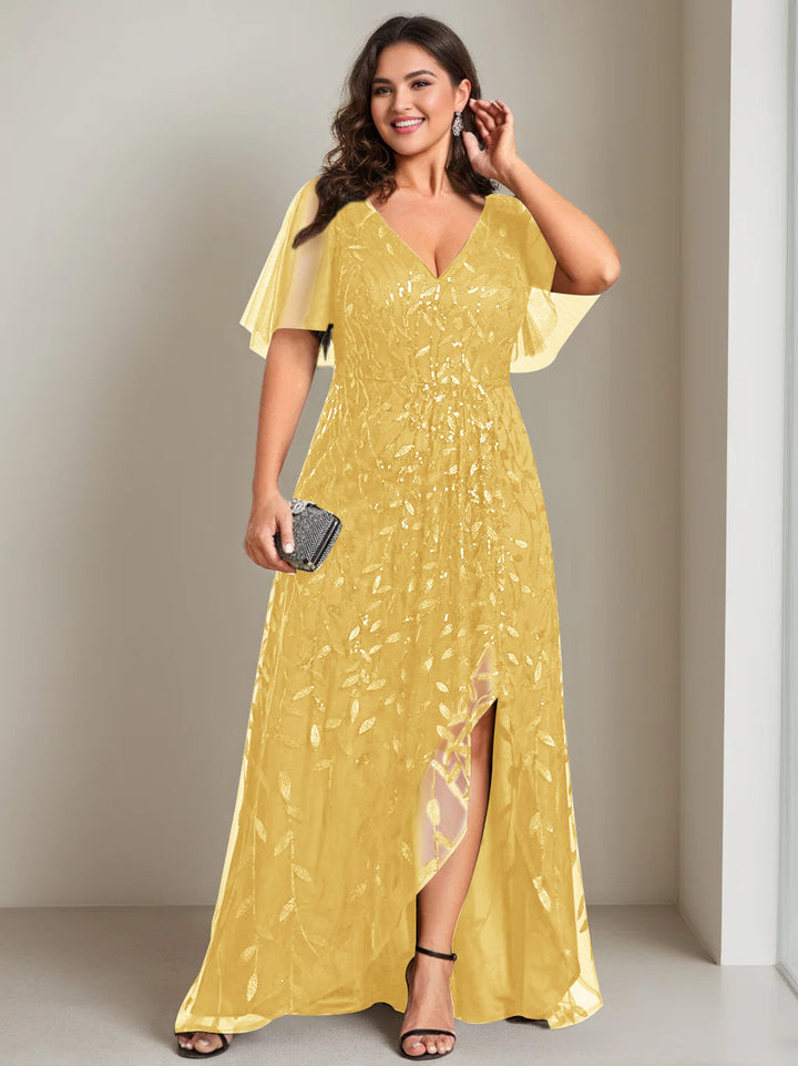 Robe de Mère de la Mariée Asymétrique Grande Taille à Col en V et Manches Courtes, Coupe A-Line/Princess, avec Paillettes
