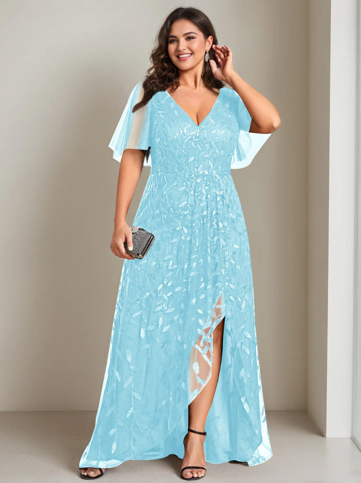 Robe de Mère de la Mariée Asymétrique Grande Taille à Col en V et Manches Courtes, Coupe A-Line/Princess, avec Paillettes