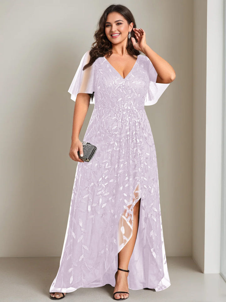 Robe de Mère de la Mariée Asymétrique Grande Taille à Col en V et Manches Courtes, Coupe A-Line/Princess, avec Paillettes