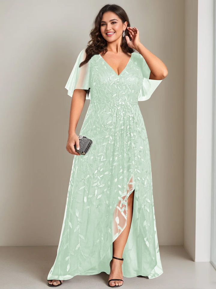 Robe de Mère de la Mariée Asymétrique Grande Taille à Col en V et Manches Courtes, Coupe A-Line/Princess, avec Paillettes