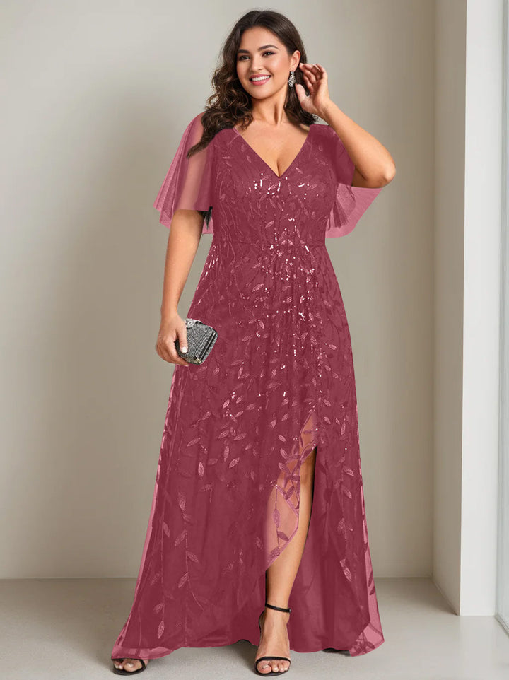 Robe de Mère de la Mariée Asymétrique Grande Taille à Col en V et Manches Courtes, Coupe A-Line/Princess, avec Paillettes