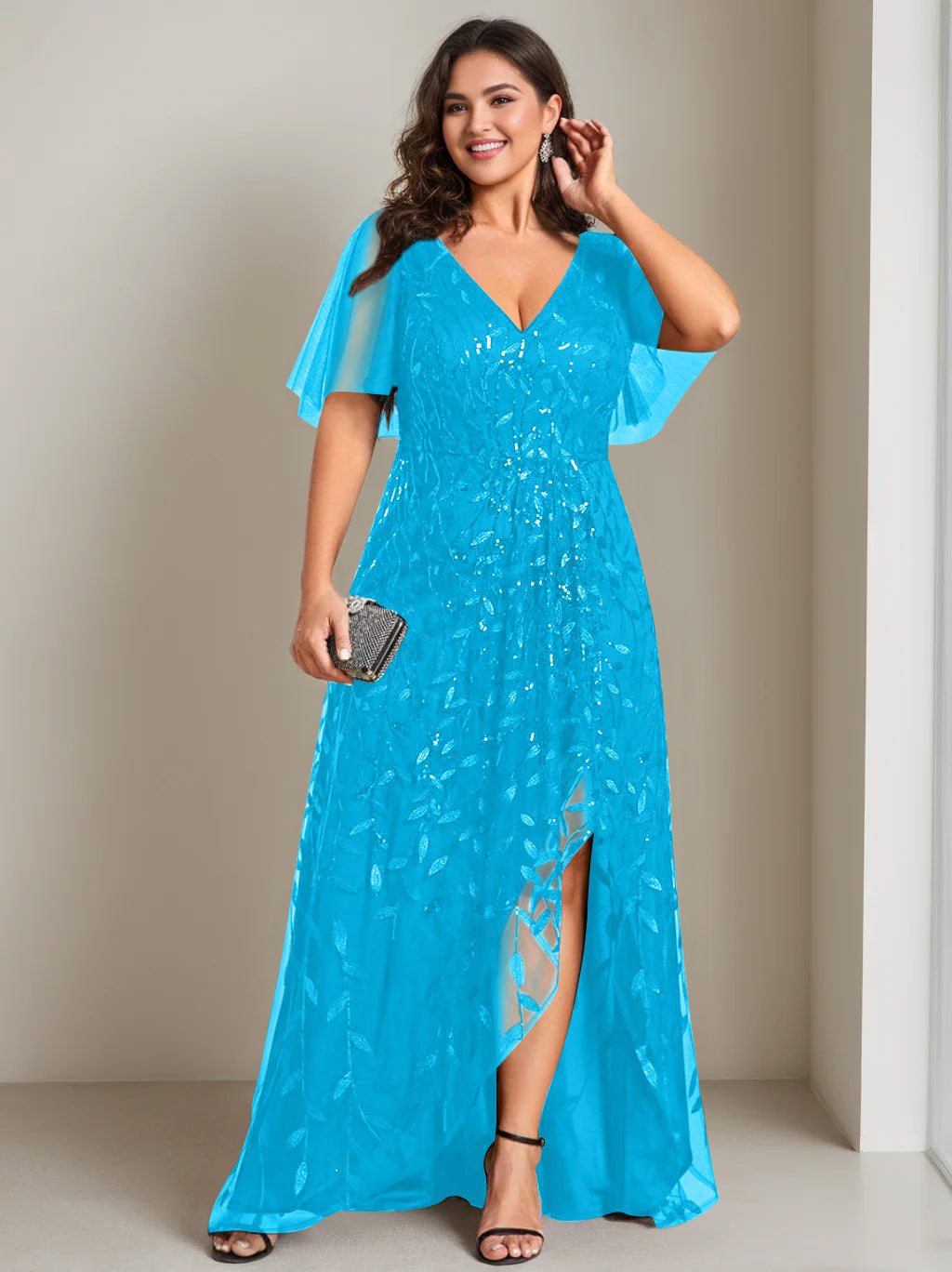 Robe de Mère de la Mariée Asymétrique Grande Taille à Col en V et Manches Courtes, Coupe A-Line/Princess, avec Paillettes