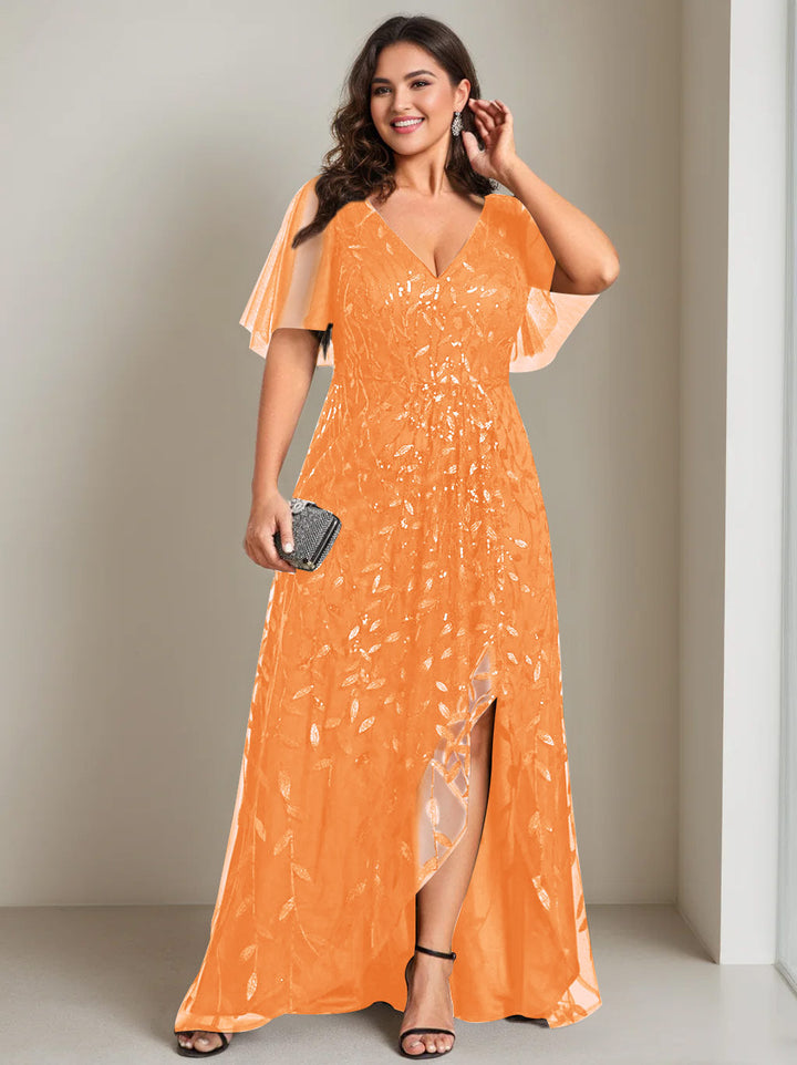 Robe de Mère de la Mariée Asymétrique Grande Taille à Col en V et Manches Courtes, Coupe A-Line/Princess, avec Paillettes