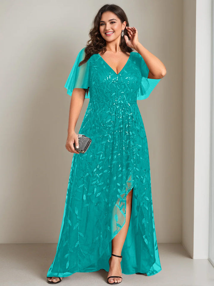Robe de Mère de la Mariée Asymétrique Grande Taille à Col en V et Manches Courtes, Coupe A-Line/Princess, avec Paillettes
