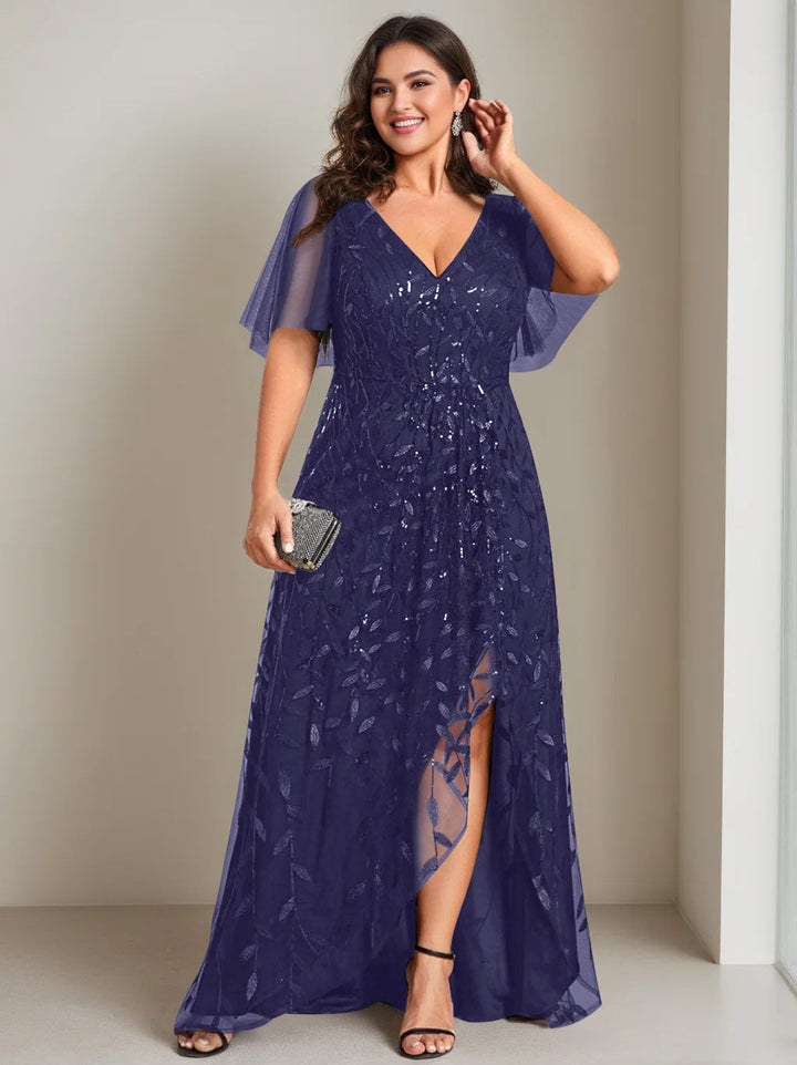 Robe de Mère de la Mariée Asymétrique Grande Taille à Col en V et Manches Courtes, Coupe A-Line/Princess, avec Paillettes