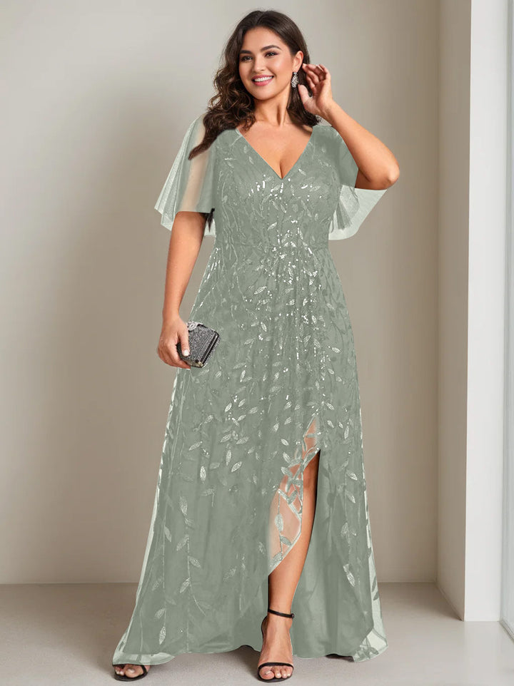 Robe de Mère de la Mariée Asymétrique Grande Taille à Col en V et Manches Courtes, Coupe A-Line/Princess, avec Paillettes