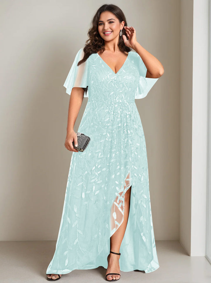 Robe de Mère de la Mariée Asymétrique Grande Taille à Col en V et Manches Courtes, Coupe A-Line/Princess, avec Paillettes
