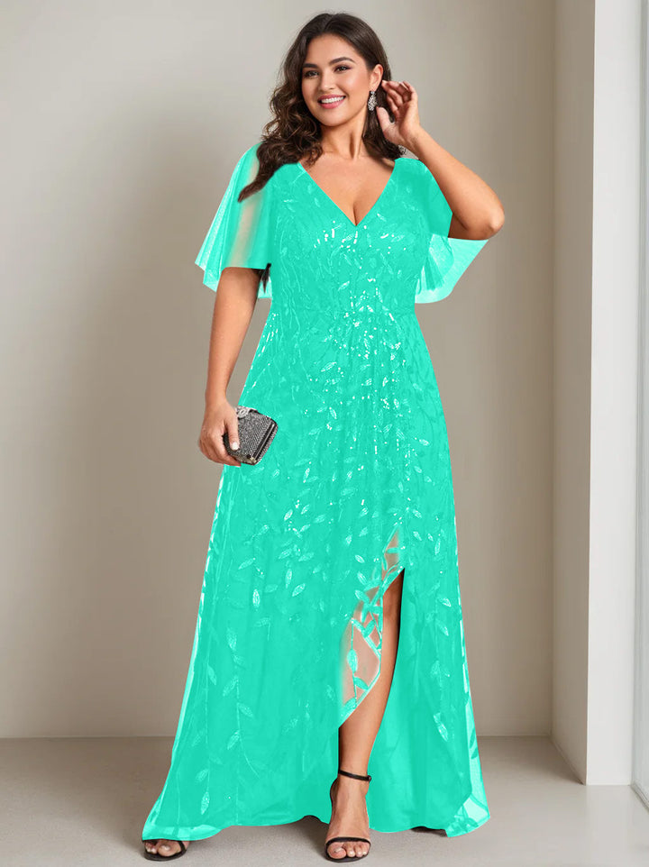 Robe de Mère de la Mariée Asymétrique Grande Taille à Col en V et Manches Courtes, Coupe A-Line/Princess, avec Paillettes
