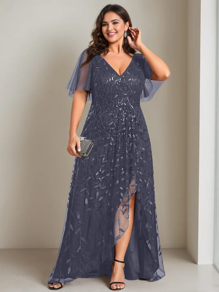 Robe de Mère de la Mariée Asymétrique Grande Taille à Col en V et Manches Courtes, Coupe A-Line/Princess, avec Paillettes