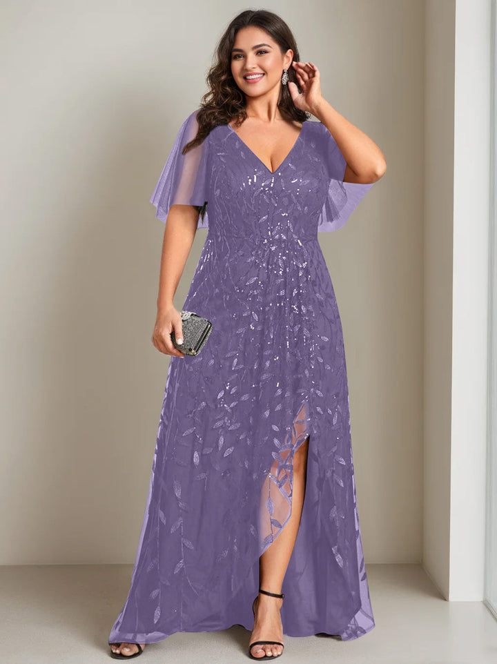 Robe de Mère de la Mariée Asymétrique Grande Taille à Col en V et Manches Courtes, Coupe A-Line/Princess, avec Paillettes