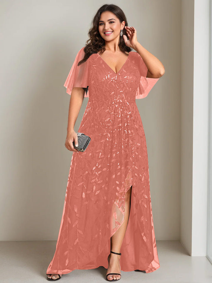 Robe de Mère de la Mariée Asymétrique Grande Taille à Col en V et Manches Courtes, Coupe A-Line/Princess, avec Paillettes