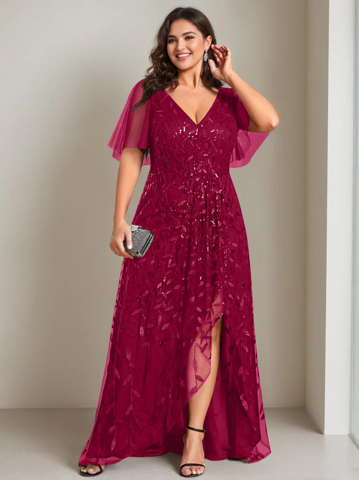 Robe de Mère de la Mariée Asymétrique Grande Taille à Col en V et Manches Courtes, Coupe A-Line/Princess, avec Paillettes