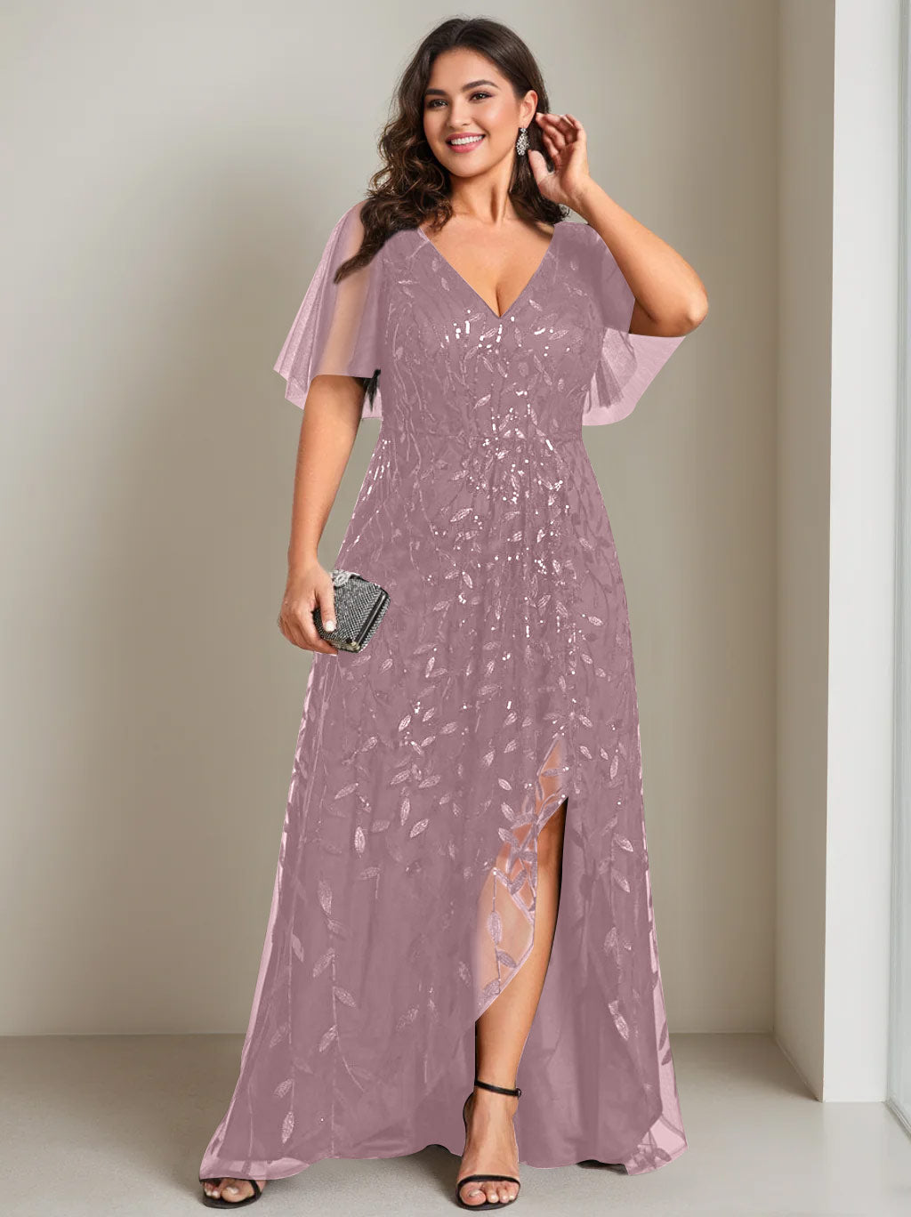Robe de Mère de la Mariée Asymétrique Grande Taille à Col en V et Manches Courtes, Coupe A-Line/Princess, avec Paillettes