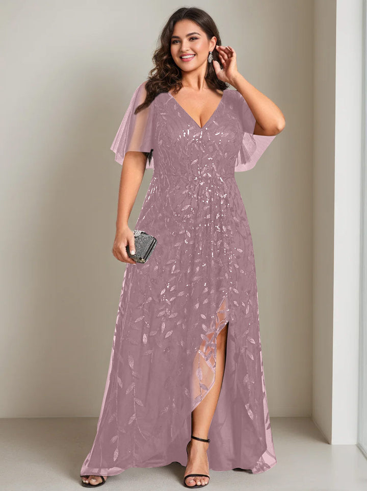 Robe de Mère de la Mariée Asymétrique Grande Taille à Col en V et Manches Courtes, Coupe A-Line/Princess, avec Paillettes