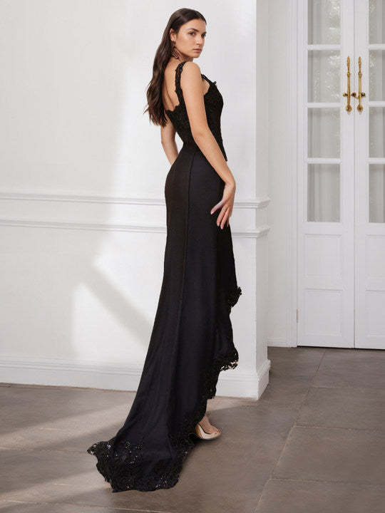 Robe de Mère de la Mariée Asymétrique Sans Manches à Bretelles Spaghetti de Forme A-Line/Princess avec Côté Fendu et Appliques en Dentelle à Paillettes