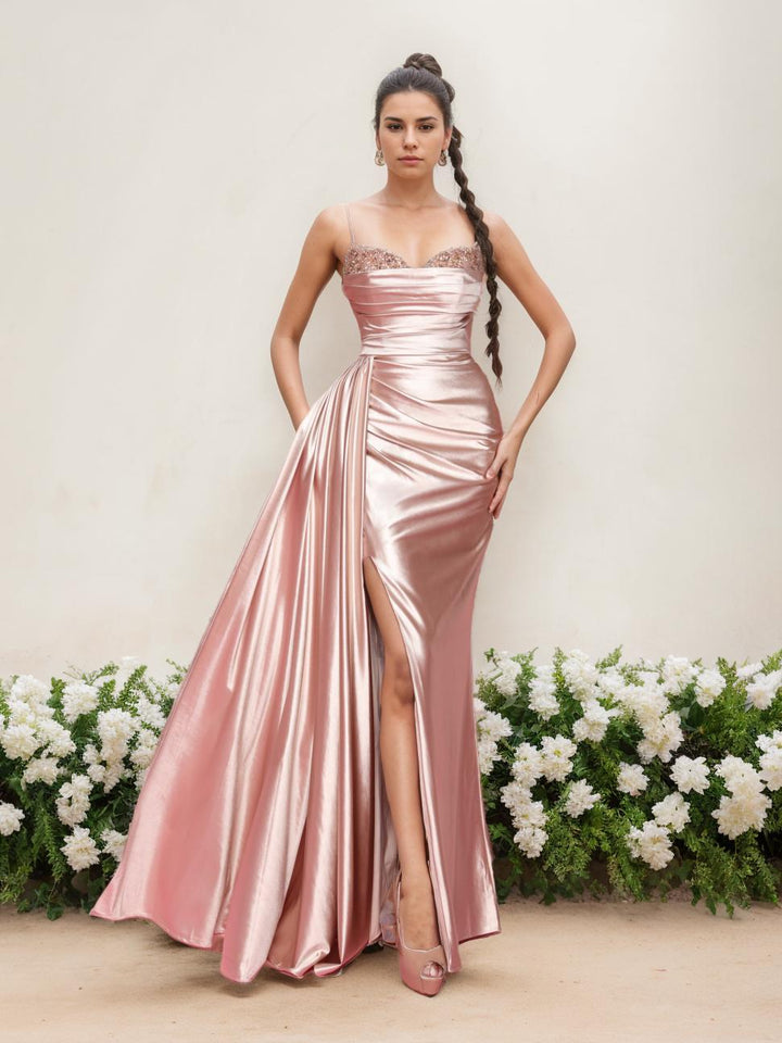 Robe de Mère de la Mariée Fourreau/Colonne à Bretelles Spaghetti Sans Manches, Longueur Au Sol, avec Fente Sur le Côté
