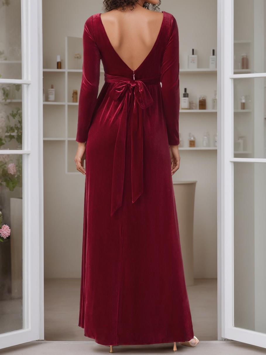 Robe de Mère de la Mariée Coupe A-Line/Princess à Encolure Dégagée et Manches Longues, Longueur Au Sol, avec Volants