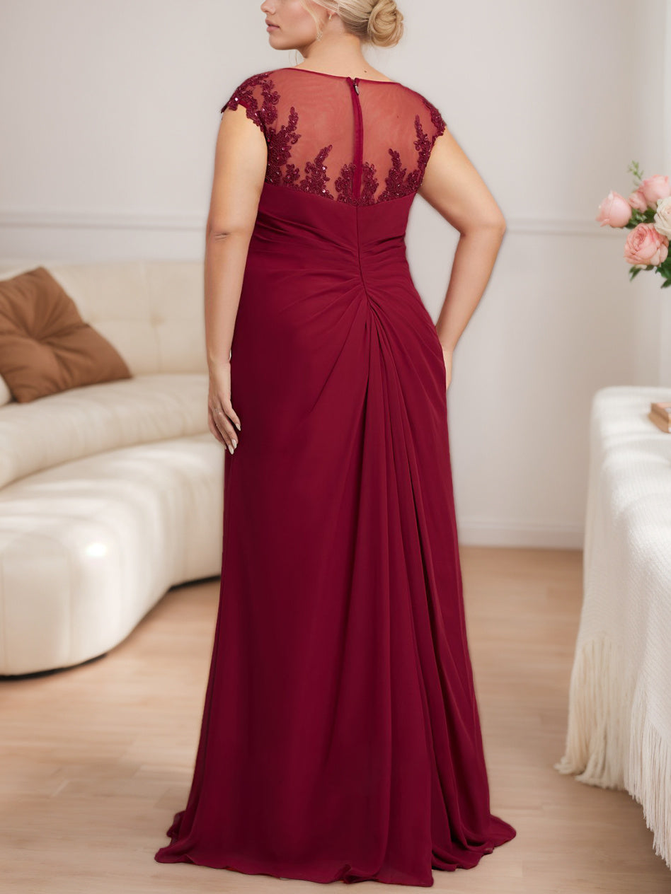 Robe de Mère de la Mariée Grande Taille, Coupe A-Line/Princess, Manches Courtes, Longueur Au Sol, avec Perles, Plissée et Paillettes