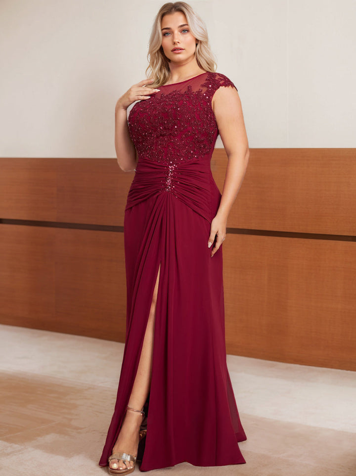 Robe de Mère de la Mariée Grande Taille, Coupe A-Line/Princess, Manches Courtes, Longueur Au Sol, avec Perles, Plissée et Paillettes