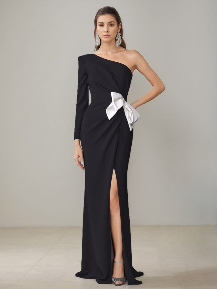 Robe de Mère de la Mariée Fourreau/Colonne à Une Épaule et Longueur Au Sol avec Fente Sur le Côté et Nœud Papillon