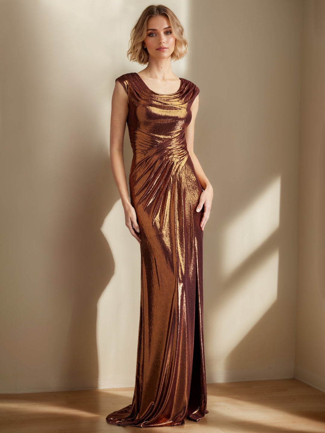 Robe Longue de Mère de la Mariée en Forme de Trompette/Sirène, Col Rond, Sans Manches, Longueur Au Sol, avec Volants et Fente Sur le Côté