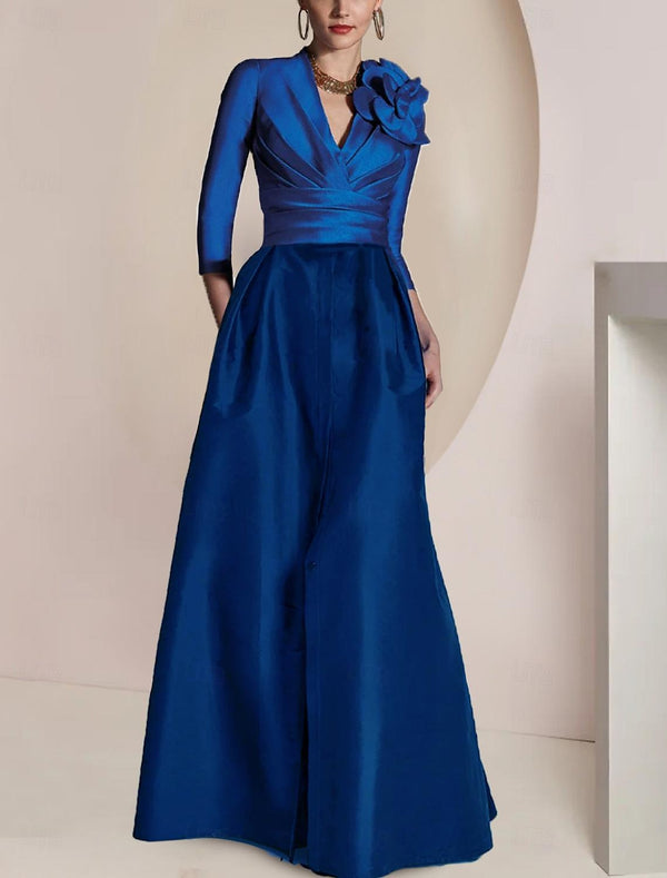 Robe de Mère de la Mariée Coupe A-Line/Princesse, Col en V, Manches 3/4, Longueur Au Sol, avec Fronces, Drapé, Devant Fendu, Fleurs et Fronces