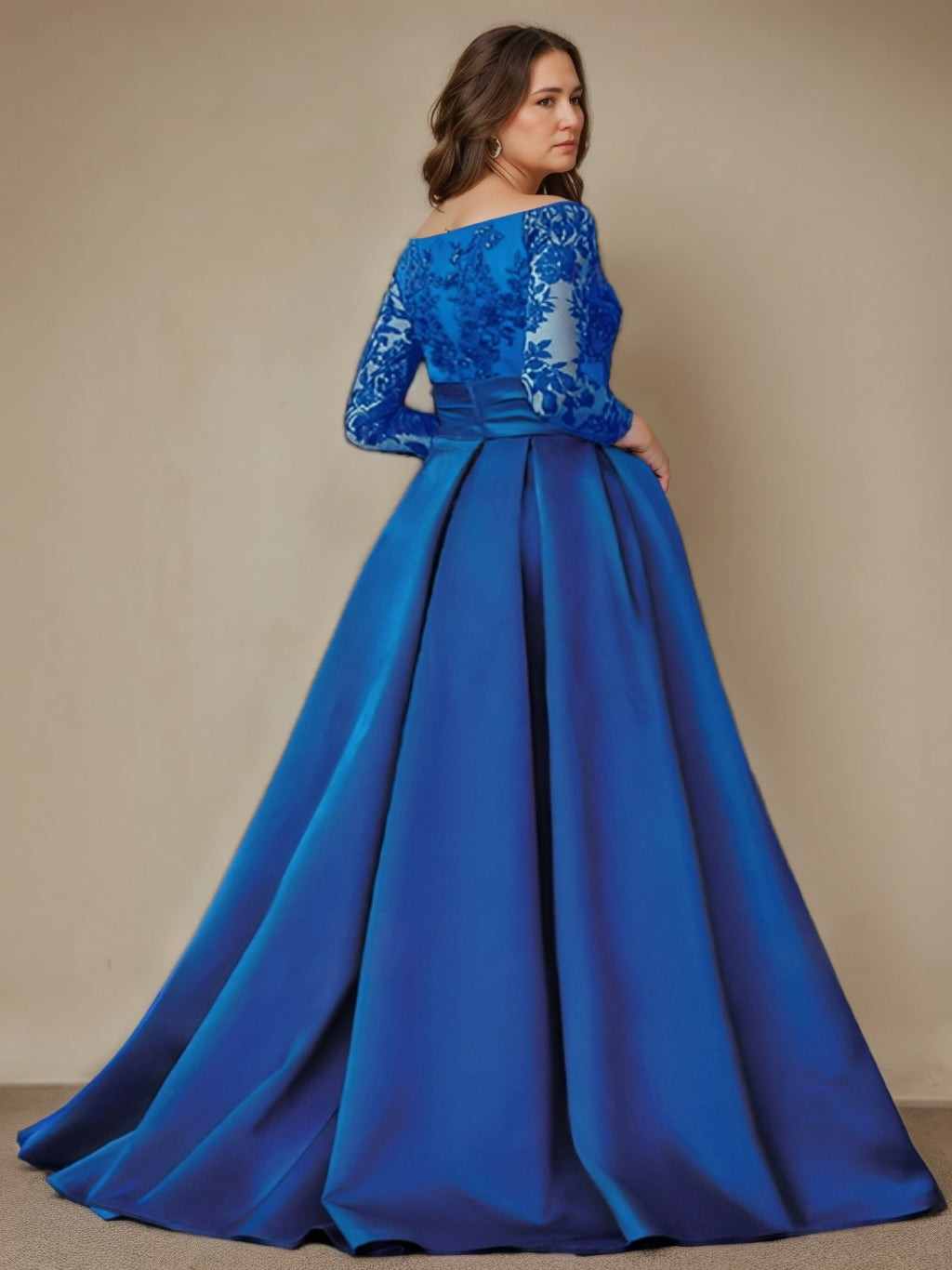 Robe de Mère de la Mariée Grande Taille, Coupe A-Line/Princess, Épaules Dénudées, Manches 3/4, Longueur Au Sol, avec Fente Sur le Côté