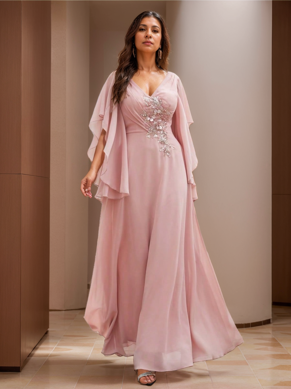 Robe de Mère de la Mariée Coupe A-Line/Princess, Col en V, Manches Courtes, Longueur Au Sol, avec Appliques en Dentelle