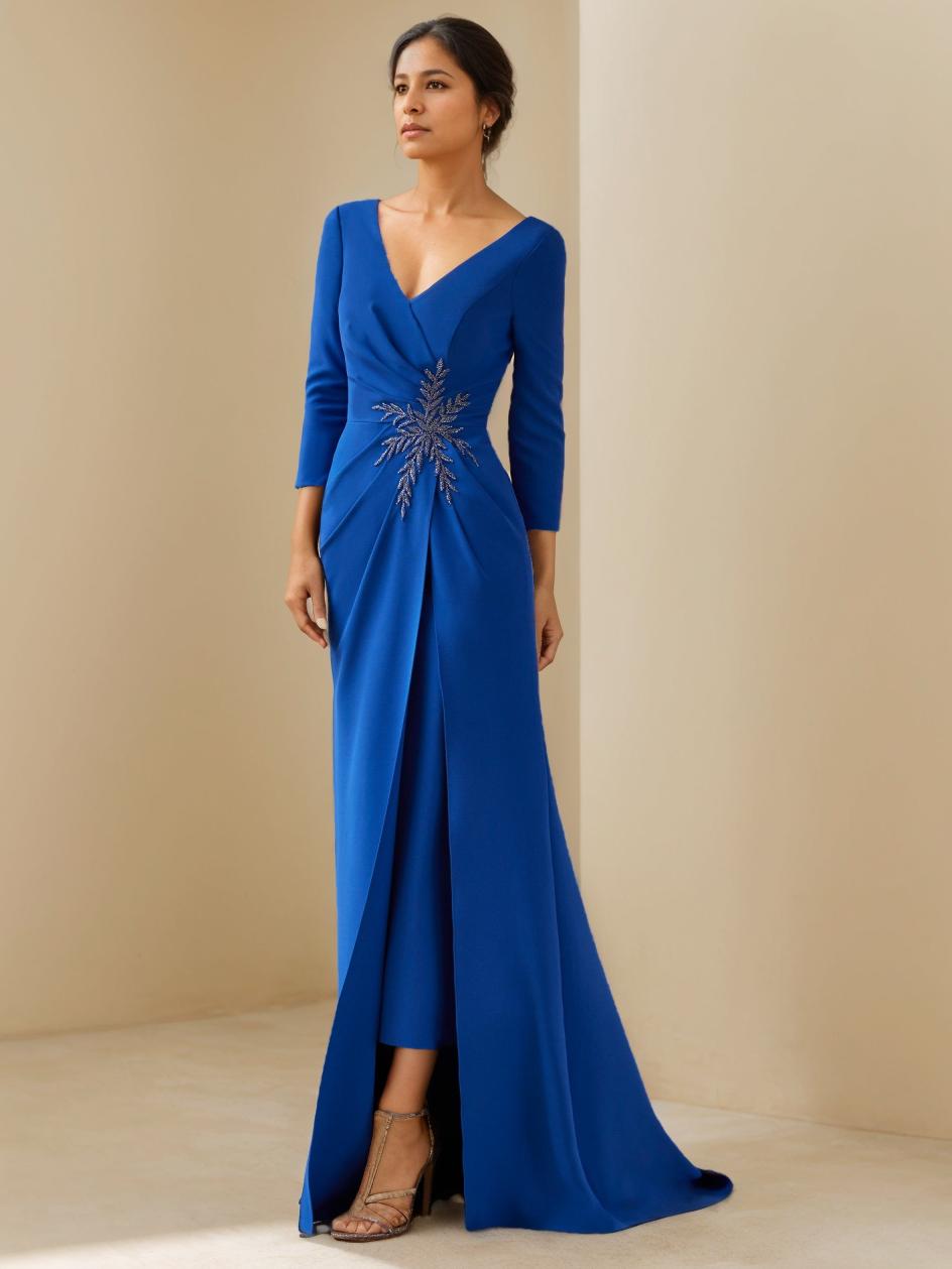 Robe de Mère de la Mariée Fourreau/Colonne à Col en V et Manches 3/4, Longueur Au Sol, avec Volants, Perles et Appliques