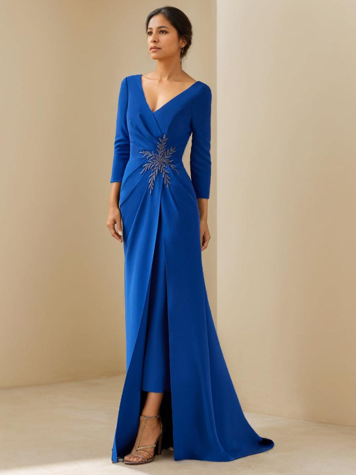 Robe de Mère de la Mariée Fourreau/Colonne à Col en V et Manches 3/4, Longueur Au Sol, avec Volants, Perles et Appliques