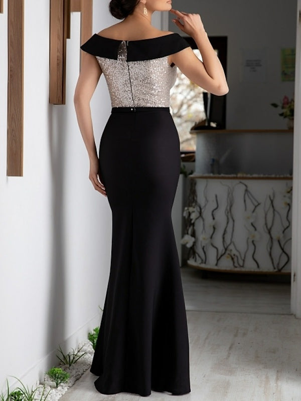 Robe de Mère de la Mariée Coupe A-Line/Princess à Col en V et Manches Courtes, Longueur Au Sol, avec Paillettes
