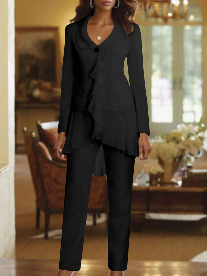 Tailleur-Pantalon Blanc à Col en V et Manches Longues pour Mère de la Mariée avec Volants