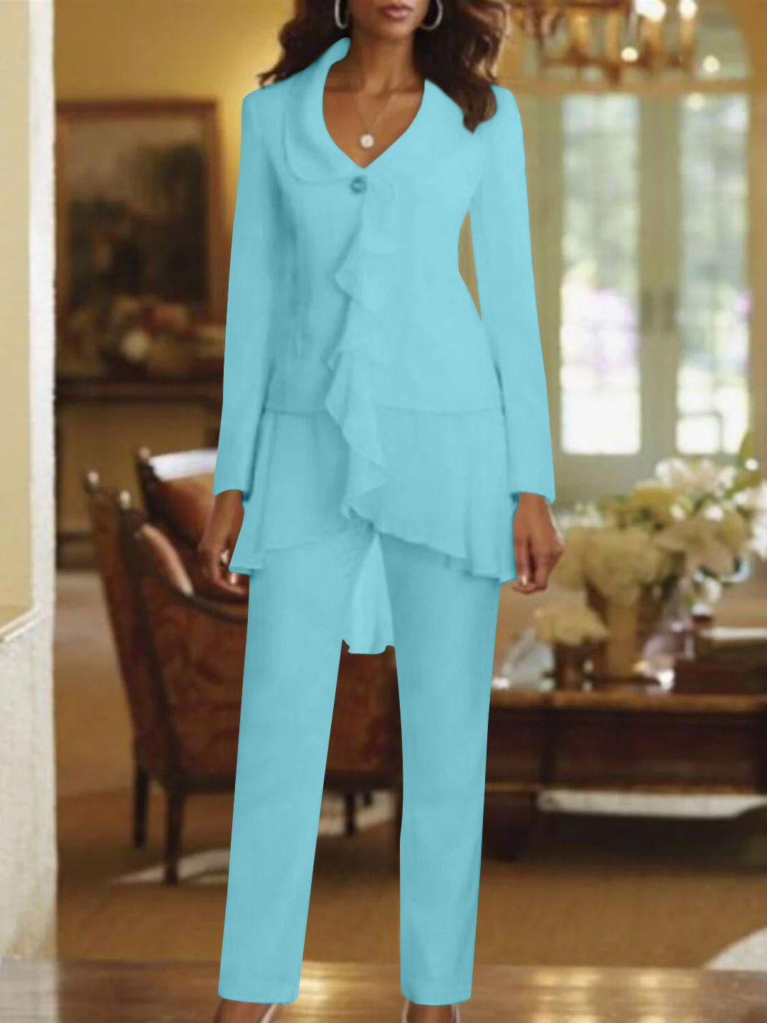 Tailleur-Pantalon Blanc à Col en V et Manches Longues pour Mère de la Mariée avec Volants