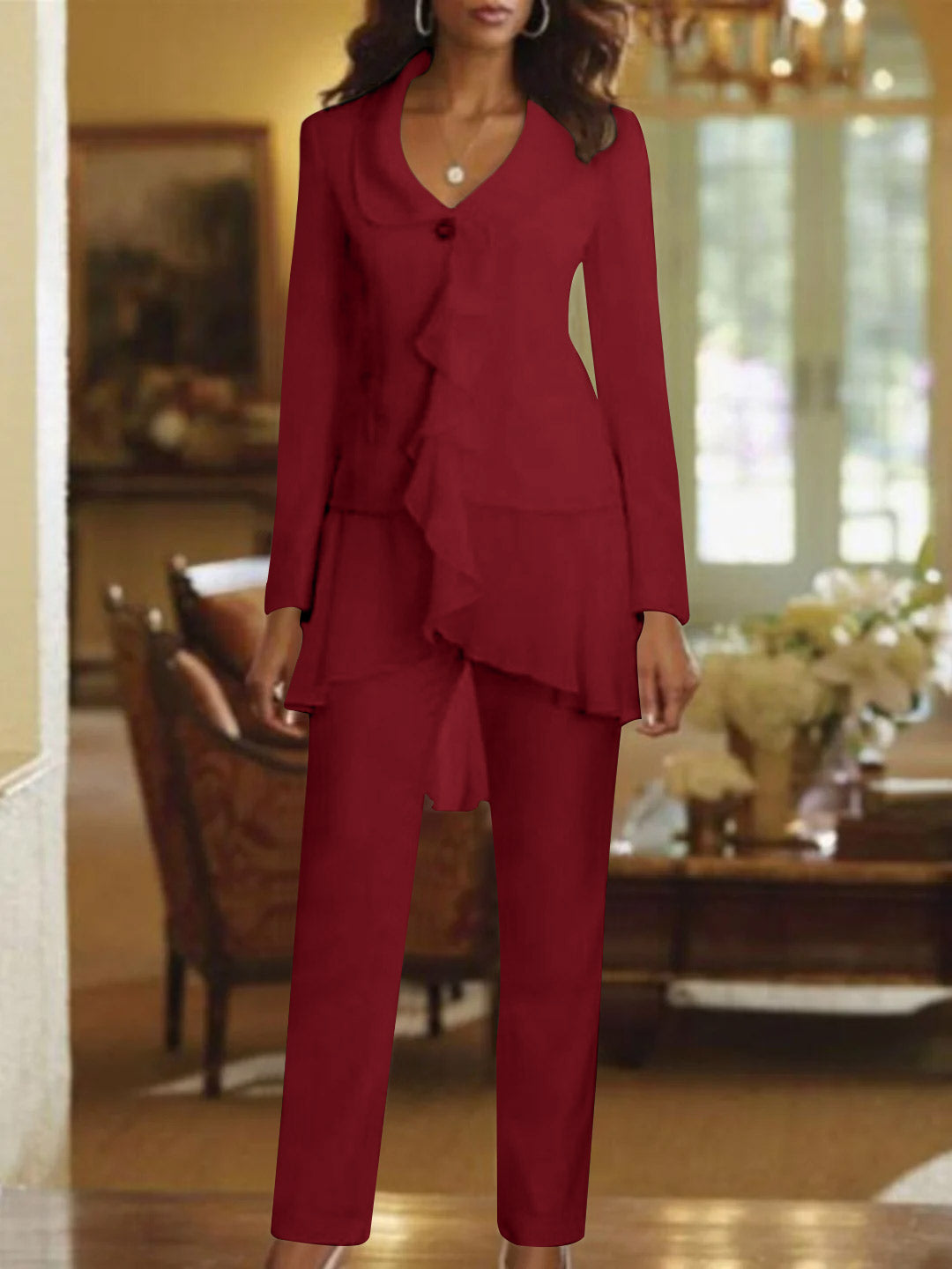 Tailleur-Pantalon Blanc à Col en V et Manches Longues pour Mère de la Mariée avec Volants