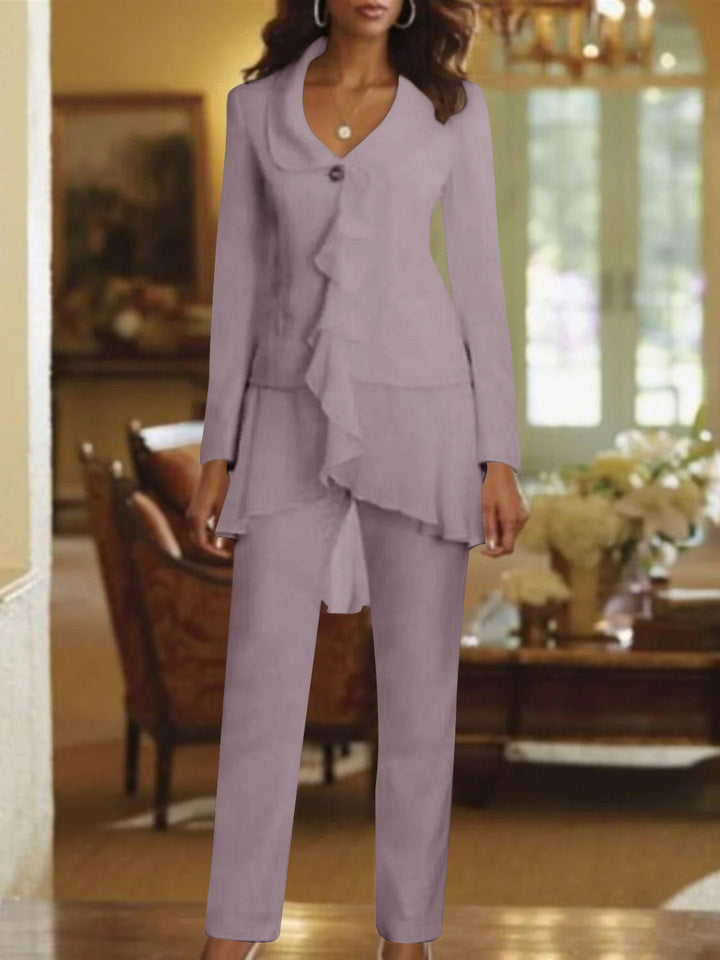 Tailleur-Pantalon Blanc à Col en V et Manches Longues pour Mère de la Mariée avec Volants